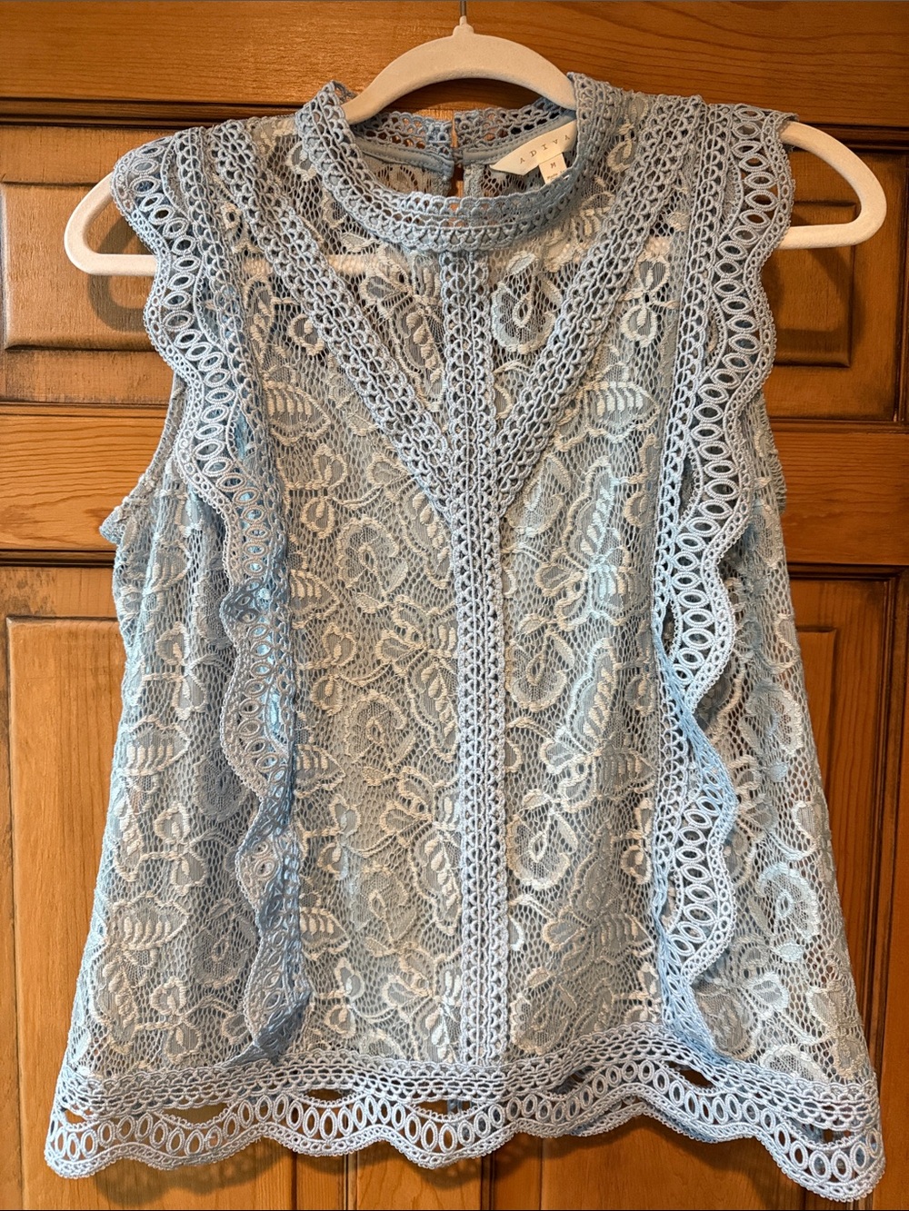 Adiva Pale Blue Lace Ruffled Sleeveless Blouse